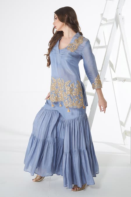 Buy_Sunita Nagi_Blue Viscose, Organza Tassels, Embroidery V-neck Floral Veli Kurta Sharara Set _Online_at_Aza_Fashions