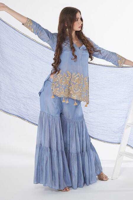 Shop_Sunita Nagi_Blue Viscose, Organza Tassels, Embroidery V-neck Floral Veli Kurta Sharara Set _Online_at_Aza_Fashions