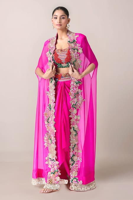 Anamika Khanna Floral Embroidered Cape & Draped Skirt Set 