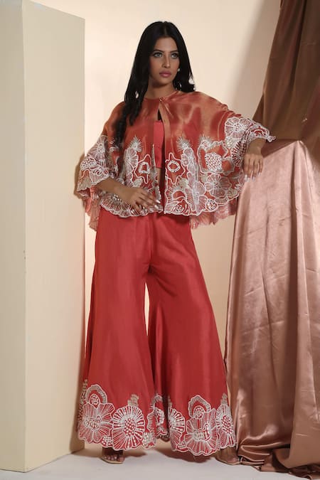 Sunita Nagi Floral Embroidered Cape With Flared Pant Set 