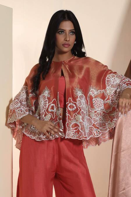 Sunita Nagi_Orange Silk Embroidery, Beads, Mirrors Round Floral Cape With Flared Pant Set _Online_at_Aza_Fashions