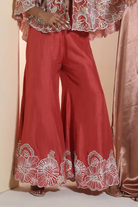 Buy_Sunita Nagi_Orange Silk Embroidery, Beads, Mirrors Round Floral Cape With Flared Pant Set _Online_at_Aza_Fashions