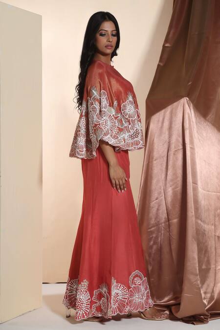 Shop_Sunita Nagi_Orange Silk Embroidery, Beads, Mirrors Round Floral Cape With Flared Pant Set _Online_at_Aza_Fashions