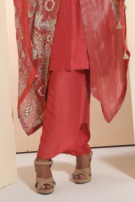 Buy_Sunita Nagi_Orange Silk Beads, Mirrors V-neck, Floral Embroidered Poncho Cape With Kurta Set _Online_at_Aza_Fashions
