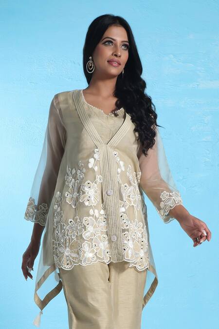 Buy_Sunita Nagi_Beige Organza, Silk Embroidery V-neck Floral Tunic With Pant _Online_at_Aza_Fashions