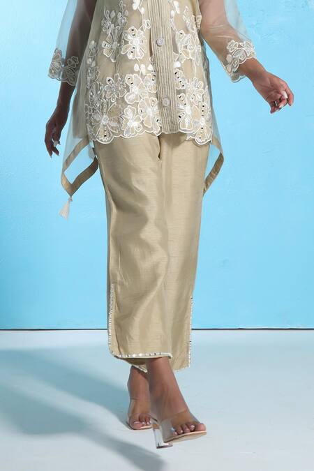 Shop_Sunita Nagi_Beige Organza, Silk Embroidery V-neck Floral Tunic With Pant _Online_at_Aza_Fashions