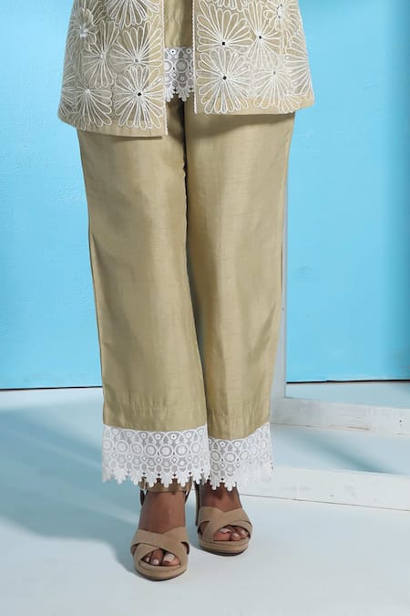 Buy_Sunita Nagi_Beige Organza, Silk Lace Open Neck, Sunflower Embroidered Jacket With Kurta Set _Online_at_Aza_Fashions