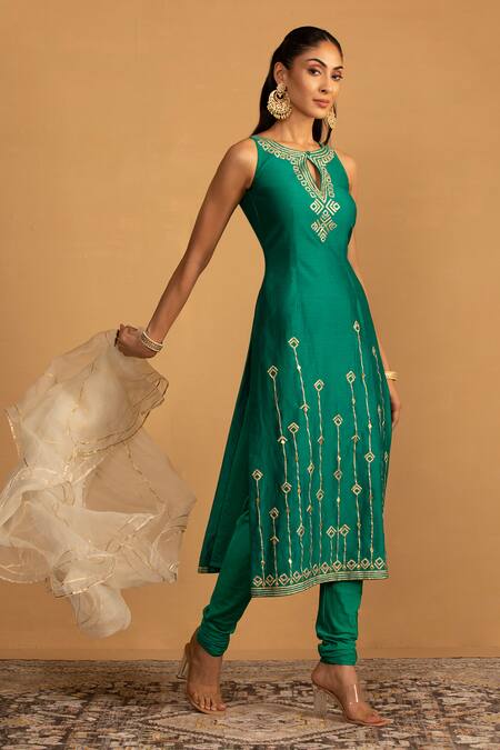 Buy_Esha Koul_Green Organza, Chanderi, Crepe Gota Patti Embroidered Kurta And Churidaar Set 
