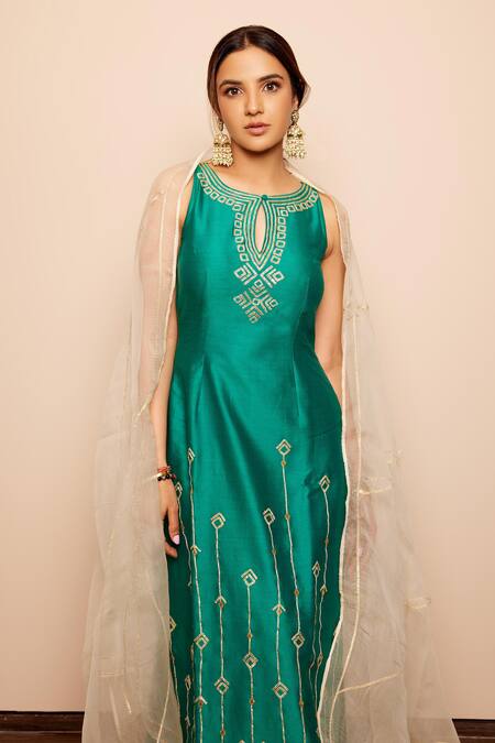 Shop_Esha Koul_Green Organza, Chanderi, Crepe Gota Patti Embroidered Kurta And Churidaar Set 
