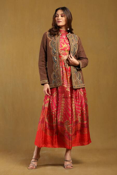 Ritu Kumar_Brown Cotton Embroidery Scallop Bloom Open Neck Yale Jacket _Online_at_Aza_Fashions