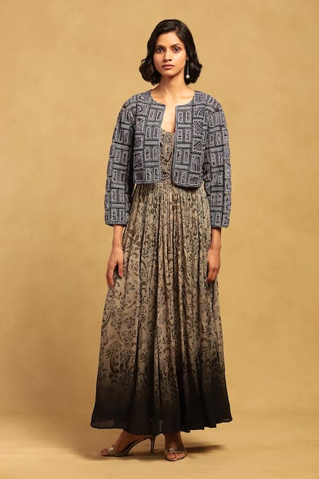 Ritu Kumar Blue Poly Velvet Embroidery Bloom Art Open Round Neck Applique Jacket Online at Aza Fashions Ritu Kumar_Blue Poly Velvet Embroidery Bloom Art Open Round Neck Applique Jacket _Online_at_Aza_Fashions