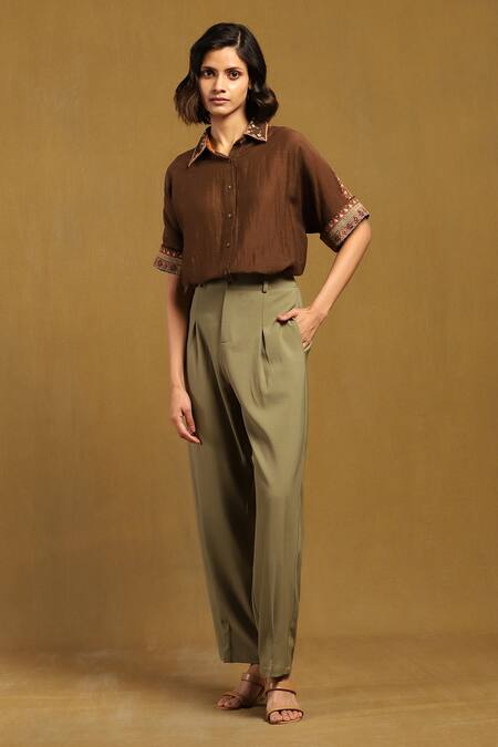 Ritu Kumar Brown Cotton, Silk Embroidery Collared Shirt at Aza Fashions Ritu Kumar_Brown Cotton, Silk Embroidery Collared Shirt_at_Aza_Fashions