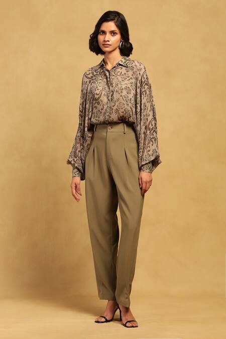 Ritu Kumar_Grey Viscose, Chiffon Embroidery Collared Jalaj Floral Pattern Shirt_at_Aza_Fashions