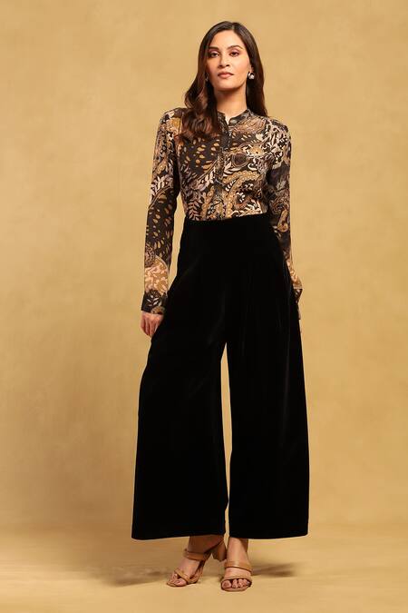 Ritu Kumar_Black Viscose Crepe Print Paisley Band Collar Dewey Shirt_at_Aza_Fashions