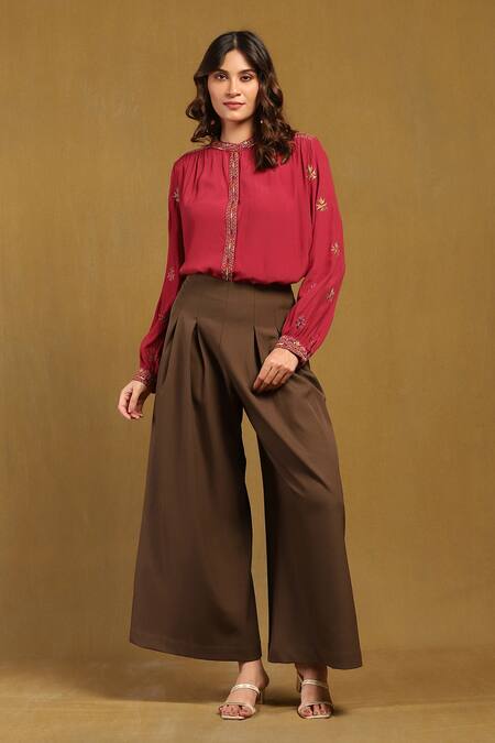 Ritu Kumar_Red Viscose Embroidery Bandeau Neck Sophie Butti Top_at_Aza_Fashions