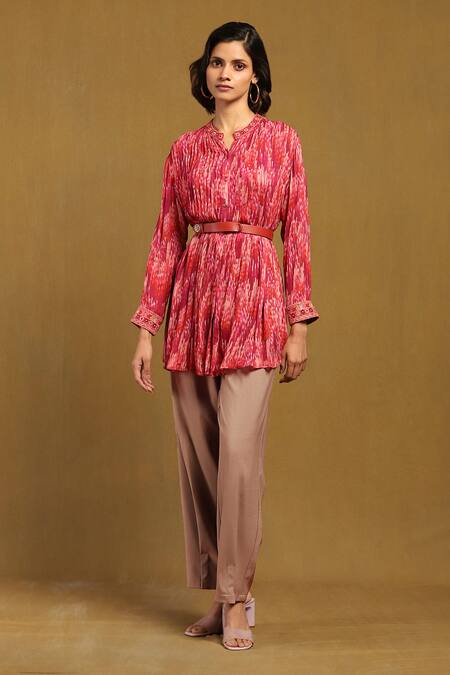 Ritu Kumar Pink Viscose Chiffon Print Niagara Band Collar Long Shirt at Aza Fashions Ritu Kumar_Pink Viscose Chiffon Print Niagara Band Collar Long Shirt _at_Aza_Fashions