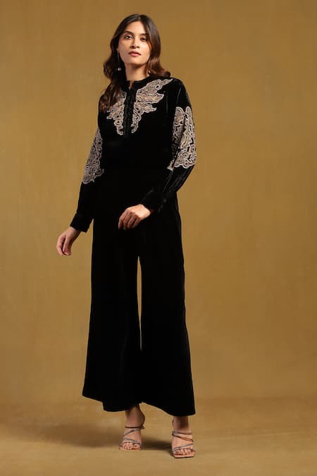 Shop Ritu Kumar Black Silk Velvet Embroidery Phoenix Floral Mandarin Collar Top Online at Aza Fashions Shop_Ritu Kumar_Black Silk Velvet Embroidery Phoenix Floral Mandarin Collar Top _Online_at_Aza_Fashions