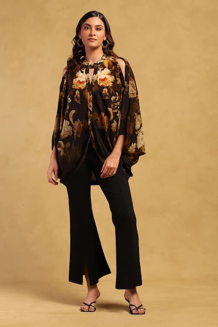 Ritu Kumar_Black Viscose Embroidery Bandeau Neck Genevieve Print Top_at_Aza_Fashions