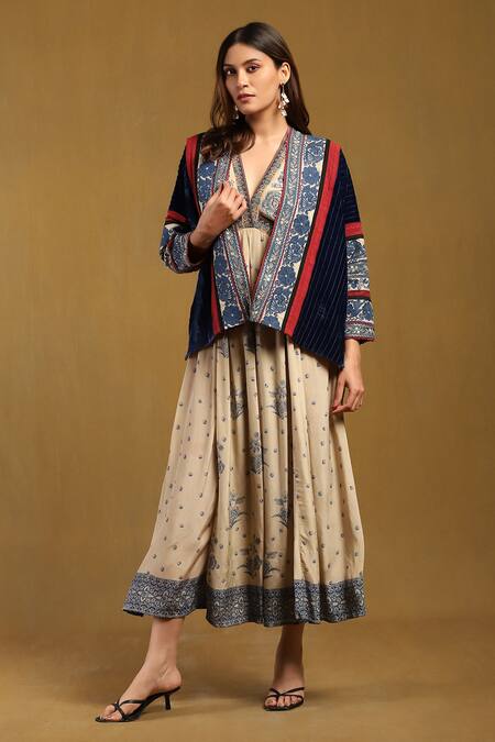 Ritu Kumar Blue Silk Velvet Open Azra Jacket at Aza Fashions Ritu Kumar_Blue Silk Velvet Open Azra Jacket _at_Aza_Fashions