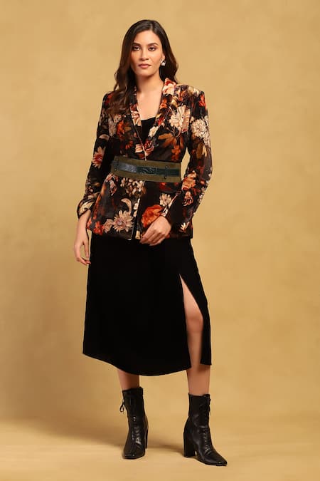 Ritu Kumar Black Silk Velvet Lapel Collar Genevieve Floral Pattern Jacket at Aza Fashions Ritu Kumar_Black Silk Velvet Lapel Collar Genevieve Floral Pattern Jacket _at_Aza_Fashions