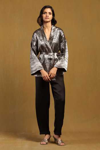 Ritu Kumar_Black Silk V Neck Pushp Floral Pattern Jacket_at_Aza_Fashions