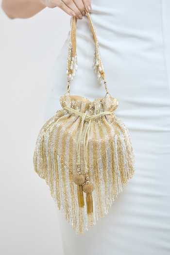 Nazaakat By Samara Singh_Gold Cut Work, Tassels Cutdana Mesh Embellished Potli Bag _Online_at_Aza_Fashions