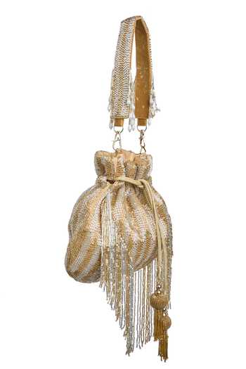 Buy_Nazaakat By Samara Singh_Gold Cut Work, Tassels Cutdana Mesh Embellished Potli Bag _Online_at_Aza_Fashions