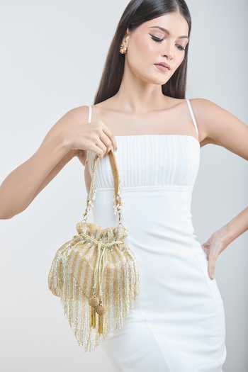 Shop_Nazaakat By Samara Singh_Gold Cut Work, Tassels Cutdana Mesh Embellished Potli Bag _Online_at_Aza_Fashions