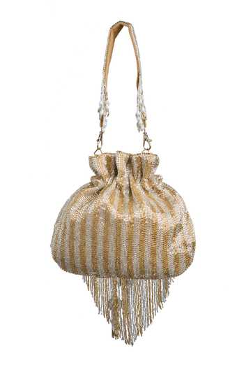 Nazaakat By Samara Singh_Gold Cut Work, Tassels Cutdana Mesh Embellished Potli Bag _at_Aza_Fashions