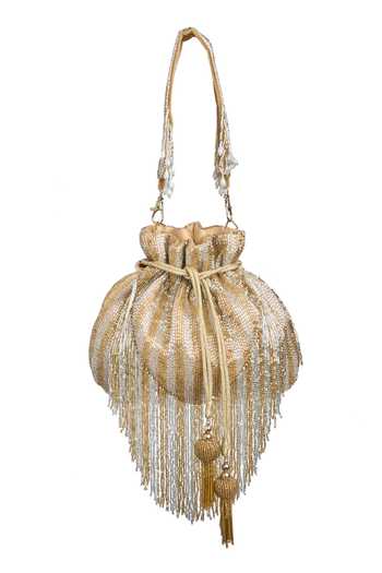 Buy_Nazaakat By Samara Singh_Gold Cut Work, Tassels Cutdana Mesh Embellished Potli Bag 
