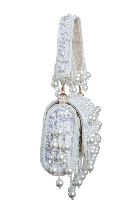 Samyukta Singhania_White Pearls, Sequins And Tassel Embellished Bag_Online_at_Aza_Fashions