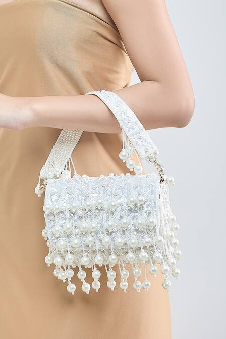 Samyukta Singhania_White Pearls, Sequins And Tassel Embellished Bag_at_Aza_Fashions