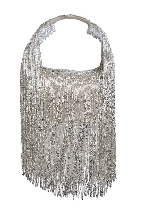 Shop Samyukta Singhania Silver Cut Work, Beads Cutdana And Tassel Embellished Clutch Bag at Aza Fashions Shop_Samyukta Singhania_Silver Cut Work, Beads Cutdana And Tassel Embellished Clutch Bag_at_Aza_Fashions