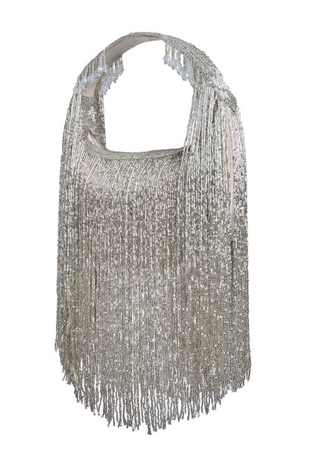 Samyukta Singhania Silver Cut Work, Beads Cutdana And Tassel Embellished Clutch Bag Online at Aza Fashions Samyukta Singhania_Silver Cut Work, Beads Cutdana And Tassel Embellished Clutch Bag_Online_at_Aza_Fashions