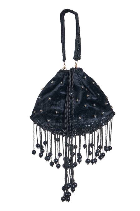 Samyukta Singhania_Black Pearls, Sequins And Tassel Embellished Potli Bag_Online_at_Aza_Fashions