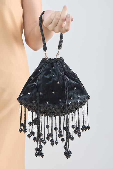 Buy_Samyukta Singhania_Black Pearls, Sequins And Tassel Embellished Potli Bag_Online_at_Aza_Fashions