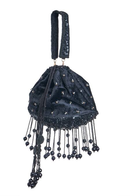 Shop_Samyukta Singhania_Black Pearls, Sequins And Tassel Embellished Potli Bag_Online_at_Aza_Fashions