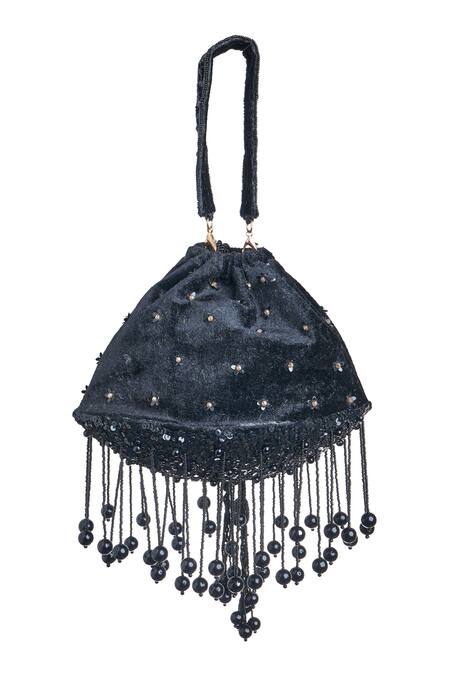Samyukta Singhania_Black Pearls, Sequins And Tassel Embellished Potli Bag_at_Aza_Fashions