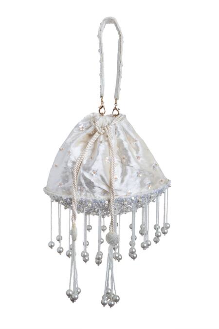 Shop Samyukta Singhania White Pearls, Sequins Flora And Tassel Embellished Potli Bag at Aza Fashions Shop_Samyukta Singhania_White Pearls, Sequins Flora And Tassel Embellished Potli Bag_at_Aza_Fashions