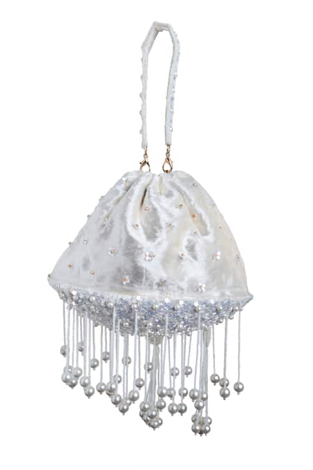 Samyukta Singhania White Pearls, Sequins Flora And Tassel Embellished Potli Bag Online at Aza Fashions Samyukta Singhania_White Pearls, Sequins Flora And Tassel Embellished Potli Bag_Online_at_Aza_Fashions
