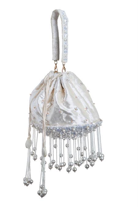 Buy Samyukta Singhania White Pearls, Sequins Flora And Tassel Embellished Potli Bag Online at Aza Fashions Buy_Samyukta Singhania_White Pearls, Sequins Flora And Tassel Embellished Potli Bag_Online_at_Aza_Fashions