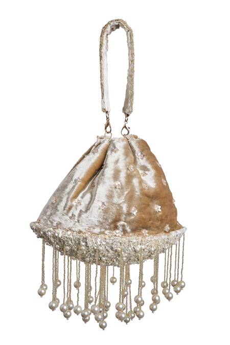 Shop_Samyukta Singhania_Gold Pearls, Sequins Bloom And Tassel Embellished Potli Bag_Online_at_Aza_Fashions