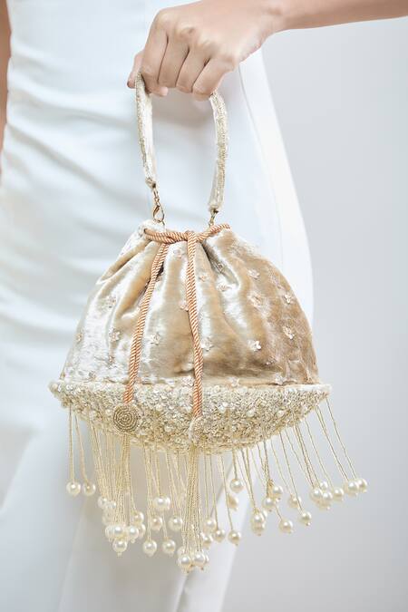 Buy_Samyukta Singhania_Gold Pearls, Sequins Bloom And Tassel Embellished Potli Bag