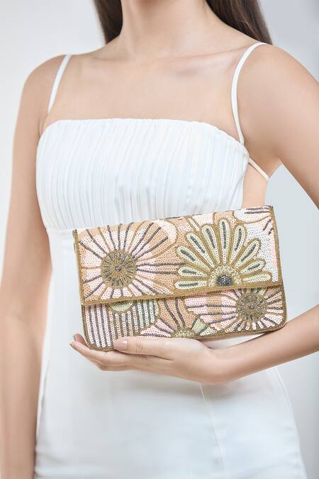 Shop_Samyukta Singhania_Cream Cut Work, Sequins, Beads Bloom Embroidered Sling Bag_Online_at_Aza_Fashions