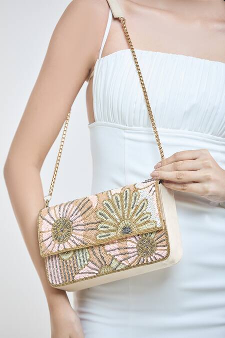 Samyukta Singhania_Cream Cut Work, Sequins, Beads Bloom Embroidered Sling Bag_at_Aza_Fashions