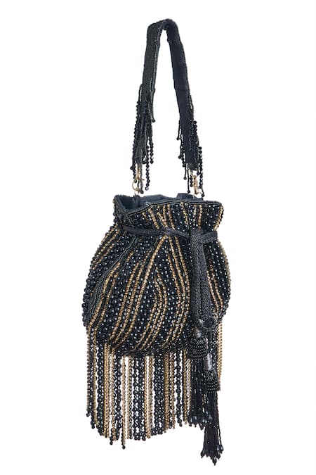 Samyukta Singhania_Black Beads, Stones Chain And Embellished Potli Bag_Online_at_Aza_Fashions