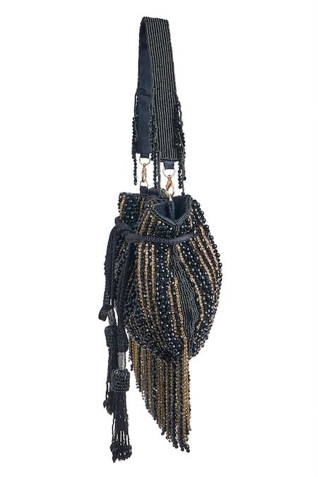 Shop_Samyukta Singhania_Black Beads, Stones Chain And Embellished Potli Bag_Online_at_Aza_Fashions