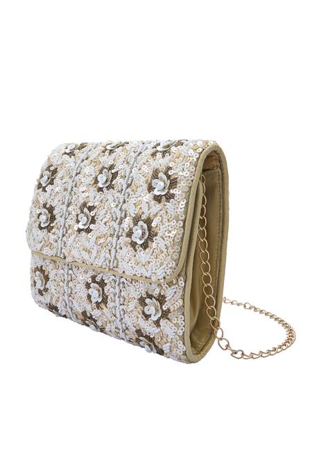 Shop_Samyukta Singhania_Gold Cut Work, Pearls, Sequins And Flora Bloom Sling Bag_Online_at_Aza_Fashions