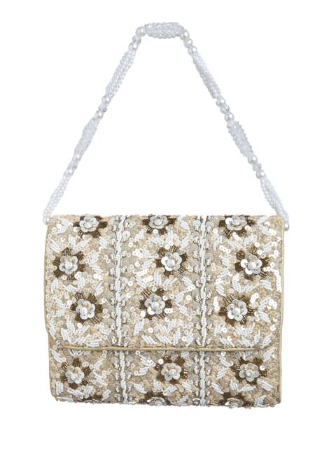 Samyukta Singhania_Gold Cut Work, Pearls, Sequins And Flora Bloom Sling Bag_at_Aza_Fashions