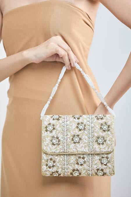 Shop_Samyukta Singhania_Gold Cut Work, Pearls, Sequins And Flora Bloom Sling Bag